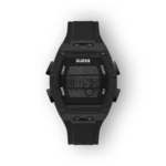 Fekete Guess digitális óra, ledes világítással és rugalmas szíjjal.