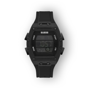 Fekete Guess digitális óra, ledes világítással és rugalmas szíjjal.