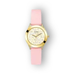 Rózsaszín szíjjal és gyöngyökkel díszített Guess karóra elegáns aranytokban.