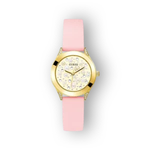 Rózsaszín szíjjal és gyöngyökkel díszített Guess karóra elegáns aranytokban.