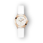 Guess GW0381L3 fehér szíjjal és gyöngyökkel díszített karóra rózsaarany tokban.