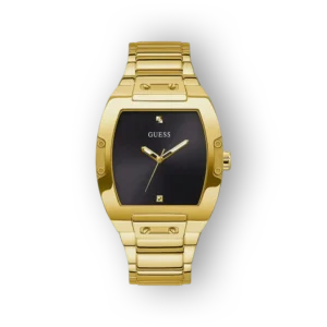 Arany színű Guess karóra fekete számlappal és fém szíjjal, modern dizájn jellemzi.
