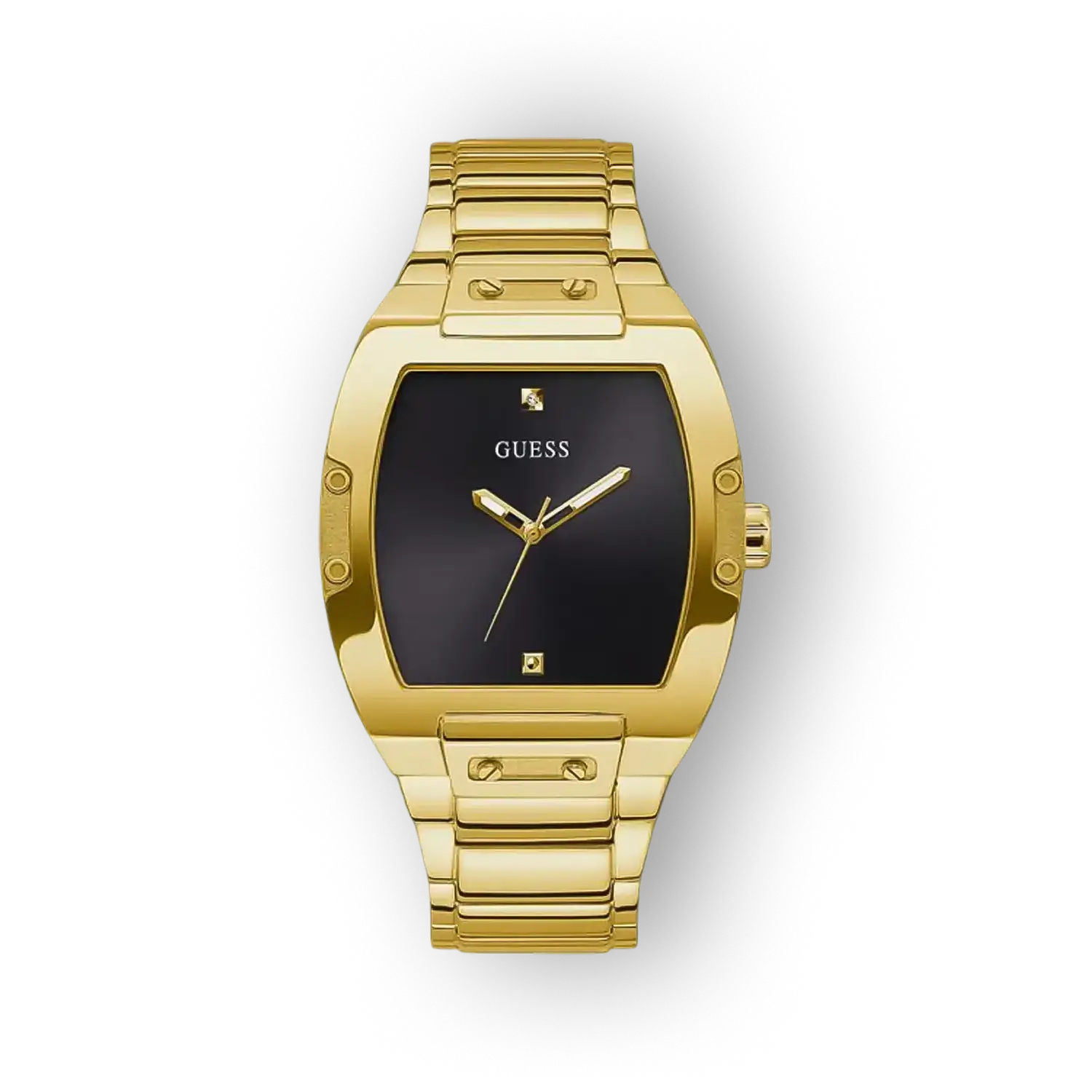 Arany színű Guess karóra fekete számlappal és fém szíjjal, modern dizájn jellemzi.