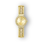 Arany színű Guess karóra, csillogó kövekkel díszített pánttal és letisztult számlappal.