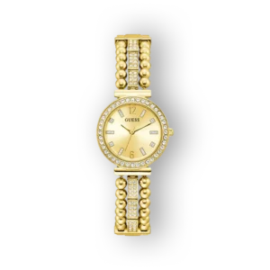 Arany színű Guess karóra, csillogó kövekkel díszített pánttal és letisztult számlappal.