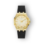 Guess GW0408L2 arany színű karóra fekete pánttal és csillogó számlappal.