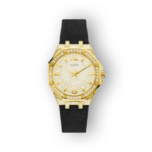 Guess GW0408L2 arany színű karóra fekete pánttal és csillogó számlappal.