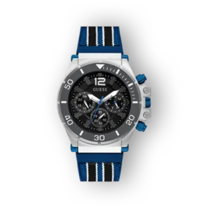 Guess márkájú kék és szürke férfi karóra előlnézete.