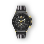 Fekete számlapú Guess karóra arany részletekkel, sportos szíjjal és krónográf funkcióval.