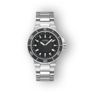 Guess márkájú ezüstszínű karóra fekete számlappal