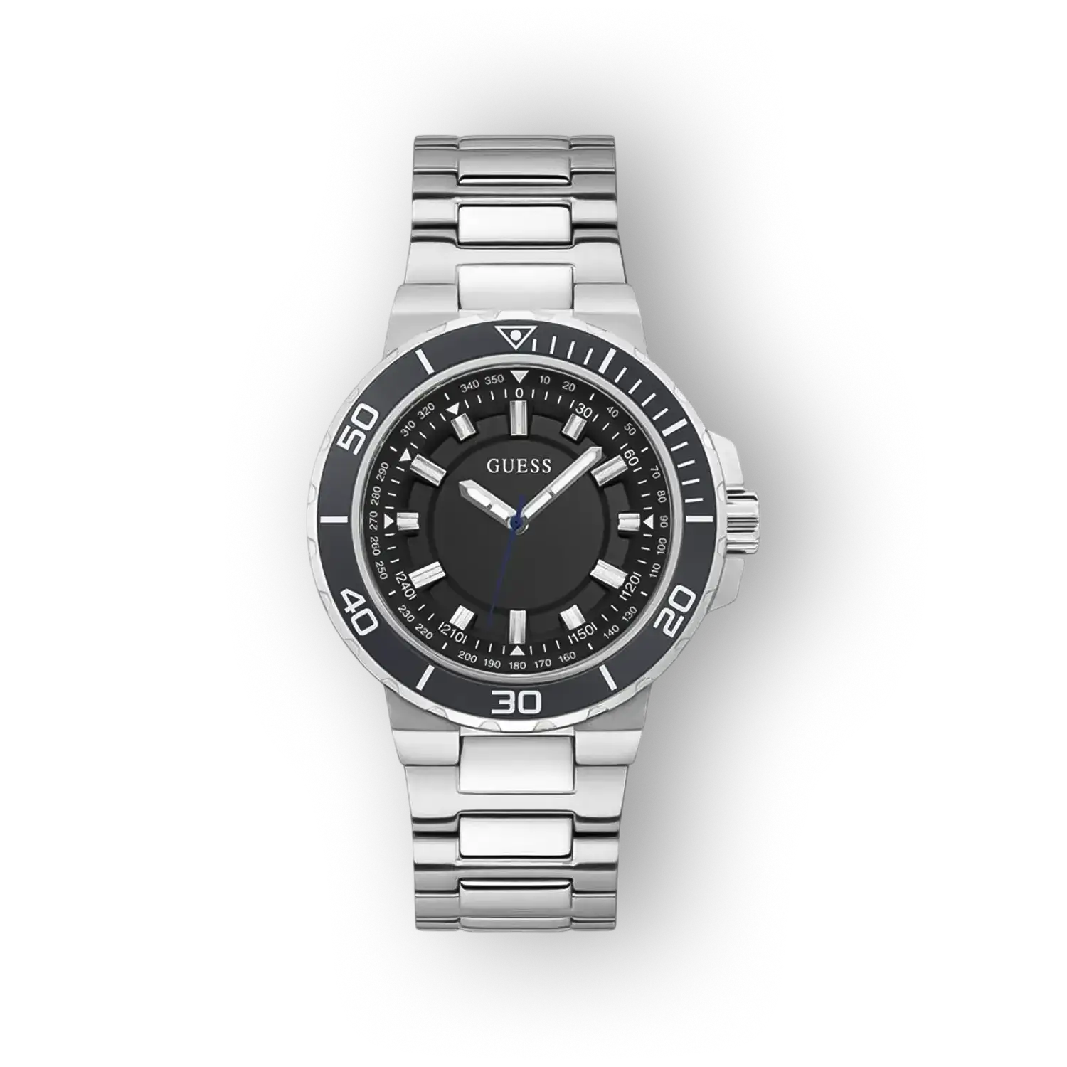 Guess márkájú ezüstszínű karóra fekete számlappal