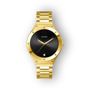 Színes, arany színű Guess óra fekete számlappal és egyszerű, elegáns dizájnnal.