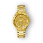 Arany színű Guess óra, fehér számlappal és három kismutatóval. Fém szíjjal, klasszikus dizájn.