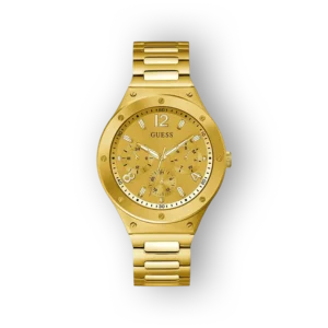 Arany színű Guess óra, fehér számlappal és három kismutatóval. Fém szíjjal, klasszikus dizájn.