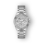 Ezüst Guess karóra, részletes előlnézetben.