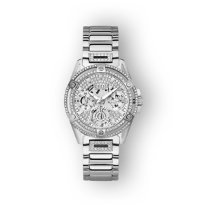 Ezüst Guess karóra, részletes előlnézetben.