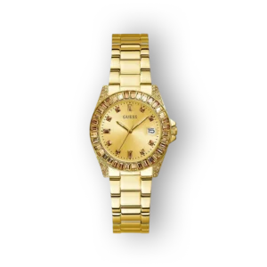 Arany színű Guess karóra részlet, csillogó kövekkel díszített számlappal és fémből készült szíjjal.