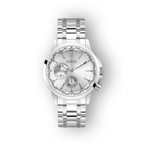 Elegáns ezüst színű Guess karóra, 44 mm-es tok és klasszikus fém szíjjal.