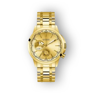 Arany színű Guess óra, kronográf részletekkel és fém szíjjal.