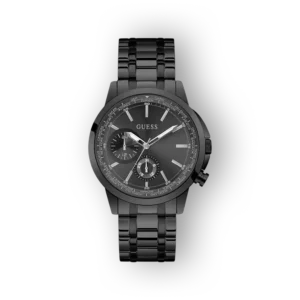 Fekete Guess karóra, klasszikus dizájn, részletes számlappal és fényes fém szíjjal.