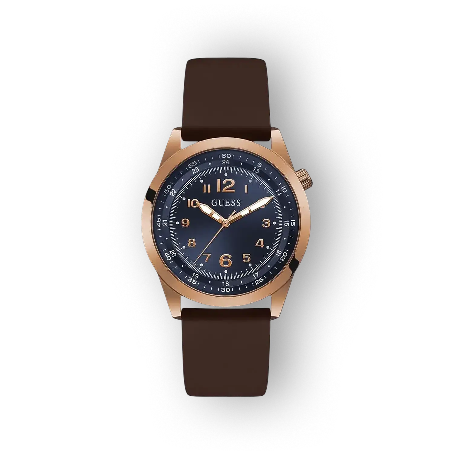 Kék számlapos, rose gold színű Guess óra barna szilikon szíjjal.