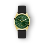 Guess arany színű karóra zöld számlappal, fekete szilikon szíjjal, 12-es hours számmal.