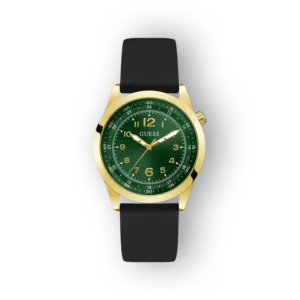 Guess arany színű karóra zöld számlappal, fekete szilikon szíjjal, 12-es hours számmal.