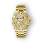 Aranyszínű Guess karóra, díszített számlappal és kristályokkal, elegáns, férfiaknak készült.