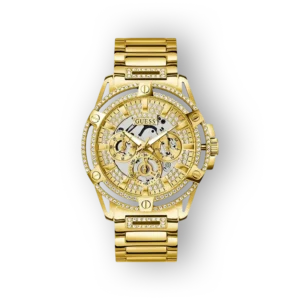 Aranyszínű Guess karóra, díszített számlappal és kristályokkal, elegáns, férfiaknak készült.