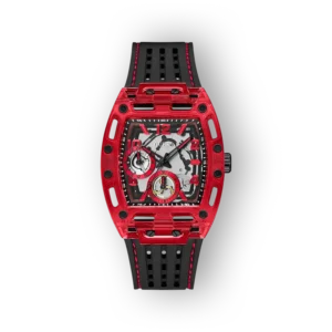 Piros Guess óra fekete szíjjal, sportos dizájn, analóg számlap két időmérő funkcióval.