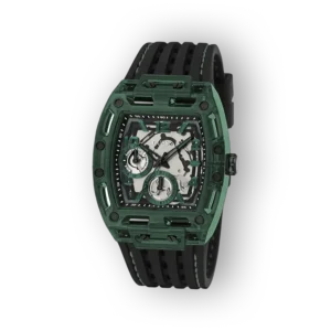 Zöld Guess karóra, sportos dizájnnal és két különböző időmérő számlappal.