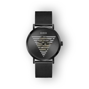 Fekete szíjjal és geometrikus mintával rendelkező Guess órája, modern stílusban.