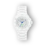 Fehér Guess sportóra kék mutatókkal és zöld részletekkel, modern megjelenésű dizájnnal.