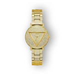 Arany színű Guess óra csillogó kövekkel díszített, elegáns, kerek számlappal.