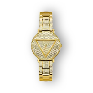 Arany színű Guess óra csillogó kövekkel díszített, elegáns, kerek számlappal.