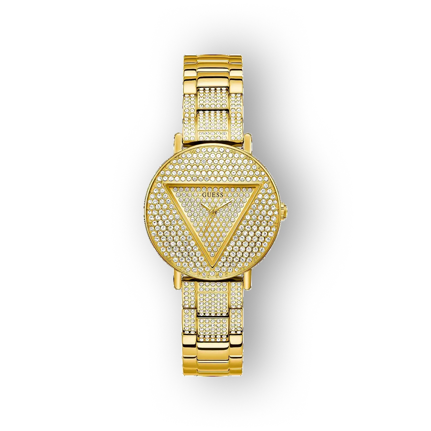 Arany színű Guess óra csillogó kövekkel díszített, elegáns, kerek számlappal.