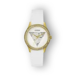 Fehér szíjjal és arany kerettel rendelkező Guess óra, elegáns, háromszög alakú számlappal.