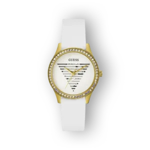Fehér szíjjal és arany kerettel rendelkező Guess óra, elegáns, háromszög alakú számlappal.