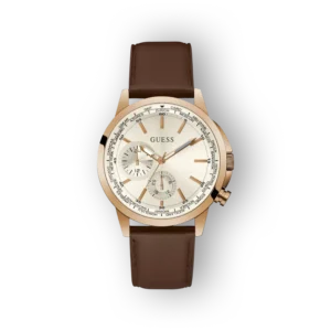 Guess férfi karóra barna bőrszíjjal és arany színű tokkal