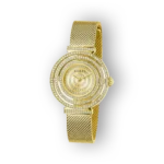 Arany színű Guess GW0550L2 karóra, csillogó kövekkel díszített számlappal és fém szíjjal.