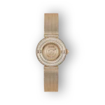 Aranyszínű Guess karóra, csillogó díszítéssel és elegáns hálós pánttal.