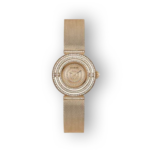 Aranyszínű Guess karóra, csillogó díszítéssel és elegáns hálós pánttal.