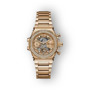 Aranyszínű Guess karóra, kőberakással és kronográf funkcióval, elegáns dizájnnal.