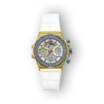 Arany színű Guess GW0553L2 karóra, fehér szíjjal és csillogó kövekkel.