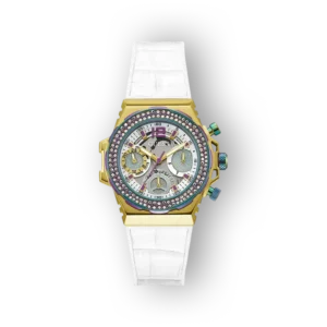 Arany színű Guess GW0553L2 karóra, fehér szíjjal és csillogó kövekkel.