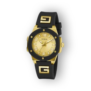 Guess GW0555L2 aranyszínű órája fekete szilikon szíjjal és kiemelkedő számokkal.