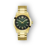 Arany színű Guess karóra zöld számlappal és fémszíjjal, római számokkal.