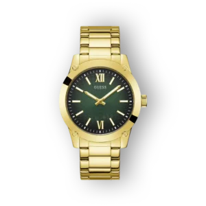 Arany színű Guess karóra zöld számlappal és fémszíjjal, római számokkal.