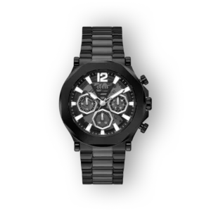 Fekete Guess óra, elegáns számlappal és fényes acél szíjjal. Különböző időpontok kijelzésére alkalmas stoppert tartalmaz.