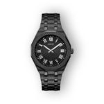 Fekete, férfi karóra, római számokkal, elegáns fém szíjjal a Guess márkától.